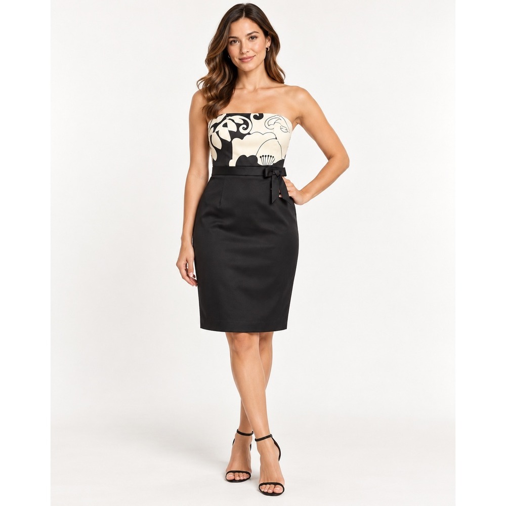 David Meister Strapless Cocktail Dress Size 10 Black Ivory Floral Bow Sheath